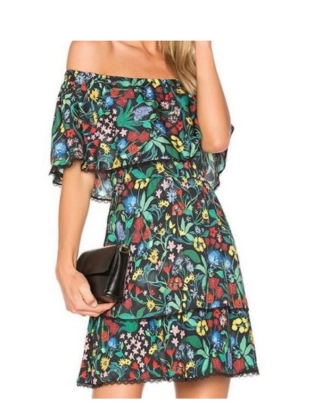 Alice + Olivia Dark Green Floral Tiered Ruffle Dress
